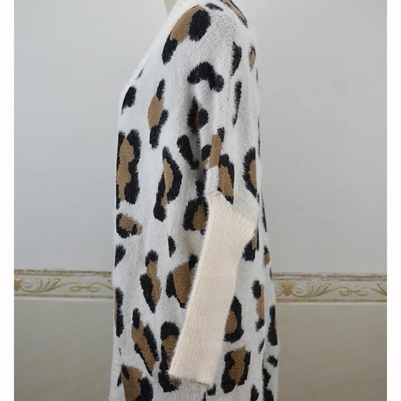 fuzzy women leopard animal print chunky knit jacket open front - Picture 9 of 15